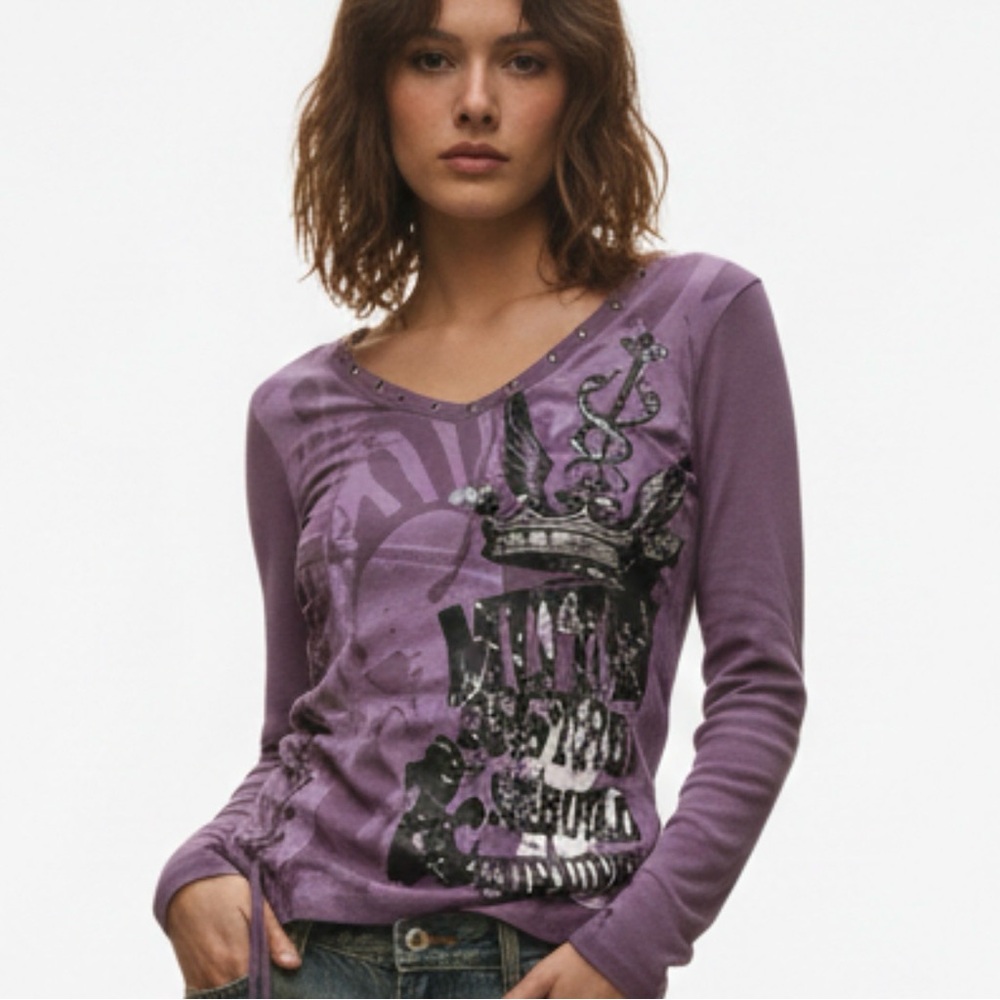 Vintage Pepe Jeans London Y2K Purple Graphic Top S Corset Lace Up Grommet V-Neck
